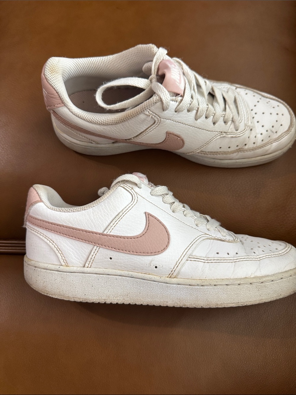 Nike Women's White Sneakers with Blush Pink Swoosh